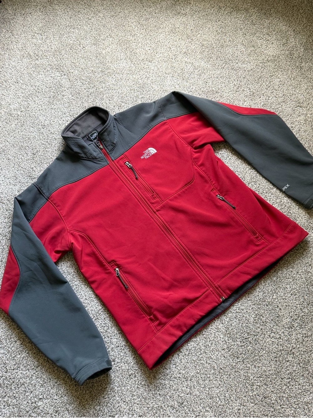 The North Face Red and Gray Softshell Jacket with Chest Logo
